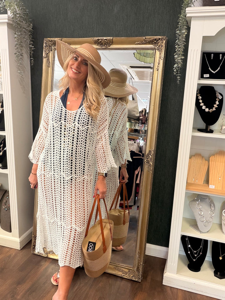 Ladies White Crochet Beach Swimwear Cover Up Dress