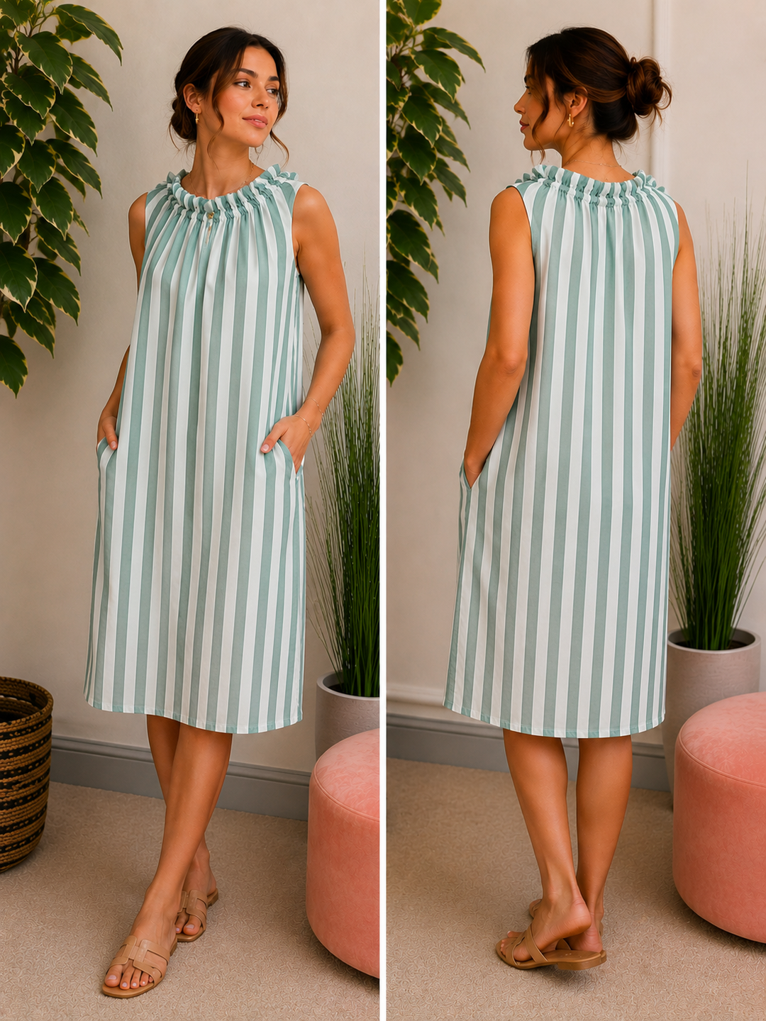 Ladies Candy Stripe High Neck Summer Sun Dress - Brown, Blue, Mint & Pink