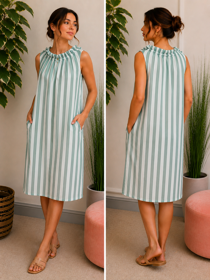Ladies Candy Stripe High Neck Summer Sun Dress - Brown, Blue, Mint & Pink