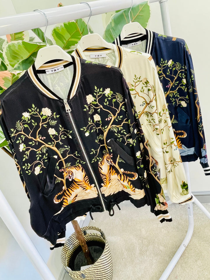 LADIES SATIN SUMMER BOMBER JACKET - BLACK, NAVY, BEIGE