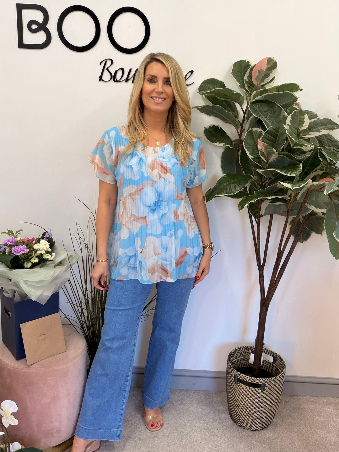 Ladies Fashion Floral Print Pleated Chiffon Blouse Top - pink, white, blue & lemon