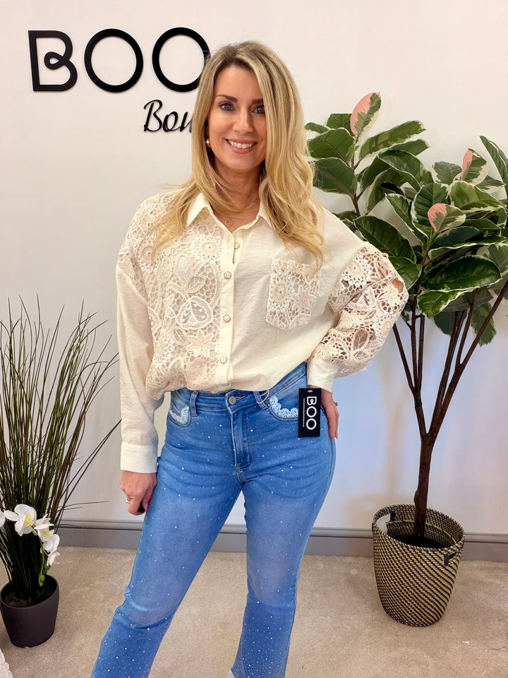 LADIES CREAM LACE CROCHET FASHION SHIRT BLOUSE