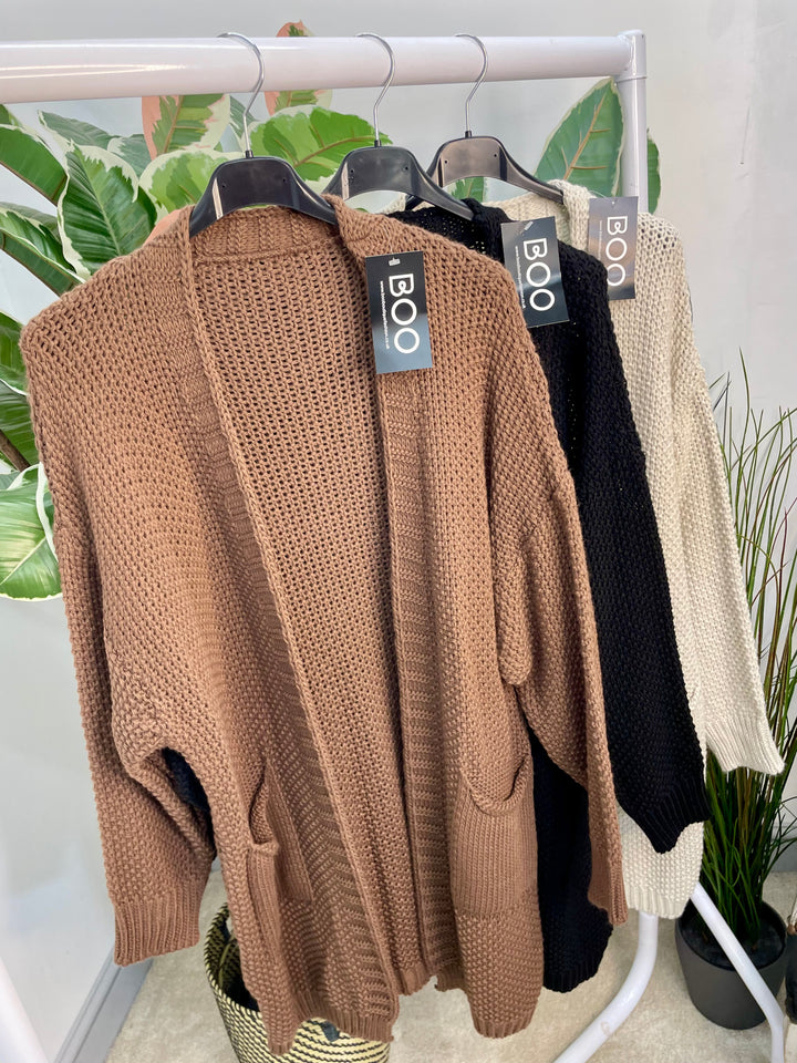 LADIES WAFFLE KNIT LONG LINE CARDIGAN - BLACK, BROWN & BEIGE