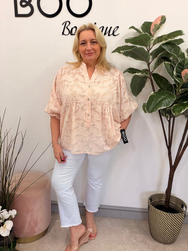 Ladies Fashion Smock V Neck Blouse Top - White, Lemon & Peach