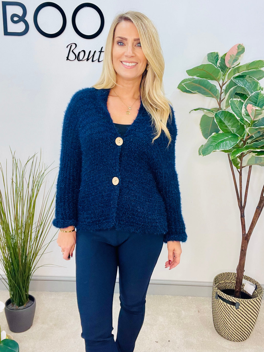 LADIES FLUFFY KNIT CARDIGAN - KHAKI, NAVY, GREY, BLACK, BEIGE, BROWN