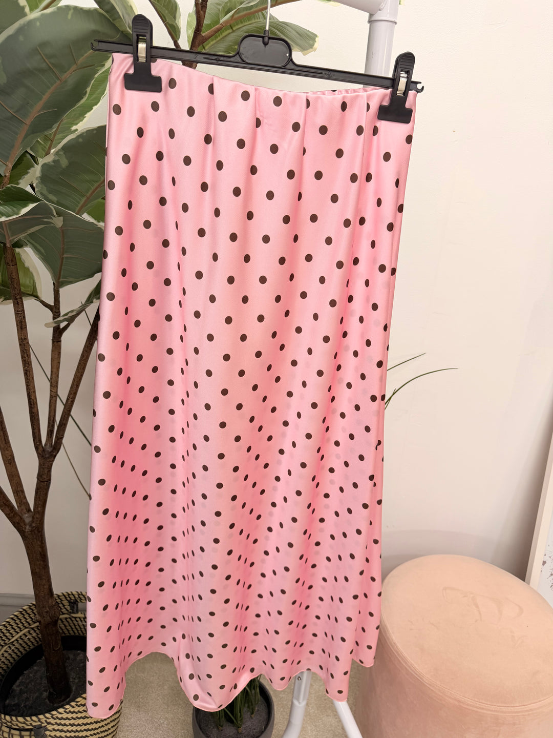 Ladies Satin Polka Dot Maxi Skirt - Black, White, Lemon, Blue & Pink