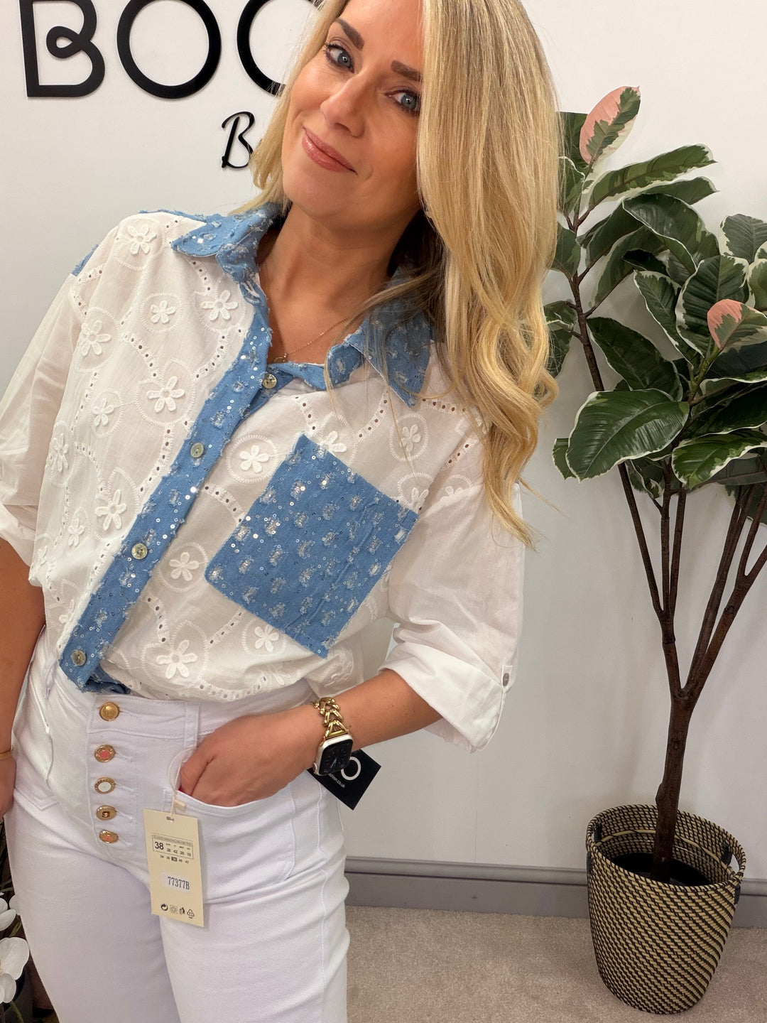 Ladies Fashion White Broderie Anglaise Shirt Blouse