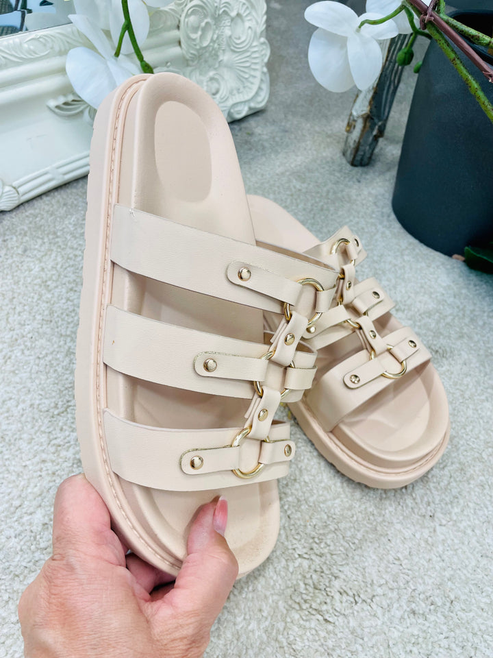 LADIES FLAT FOOTBED BUCKLE SLIDER SUMMER SANDALS - GOLD & NUDE