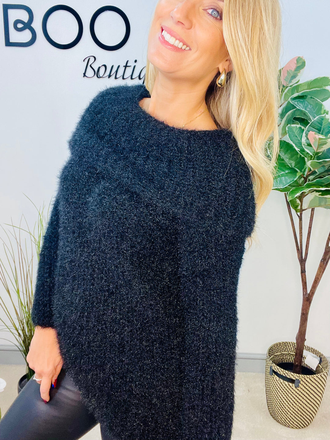 LADIES FLUFFY BARDOT JUMPER - NAVY, BLACK, WINE, MOCHA, BROWN, CREAM