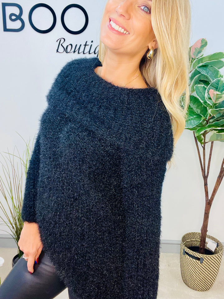 LADIES FLUFFY BARDOT JUMPER - NAVY, BLACK, WINE, MOCHA, BROWN, CREAM