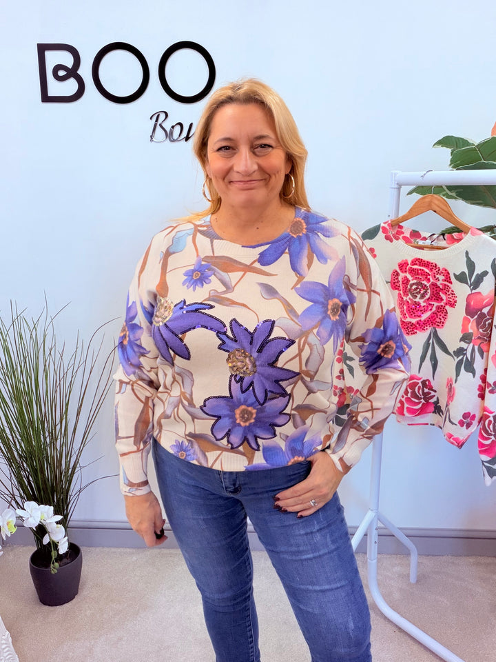 LADIES CREAM & PURPLE SEQUIN FLOWER JUMPER