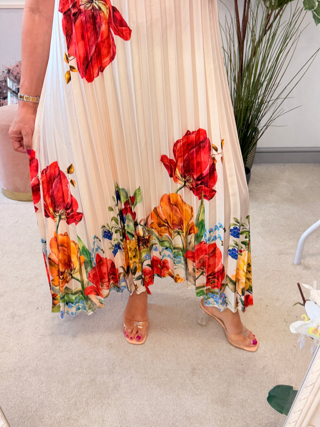 Ladies Satin Pleated Flower Print Summer Maxi Dress - Black, Cream & Blue