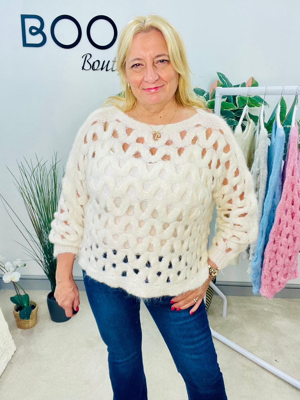LADIES HOLEY BOX STYLE JUMPER - BLUE, BEIGE, CREAM, PINK & GREY