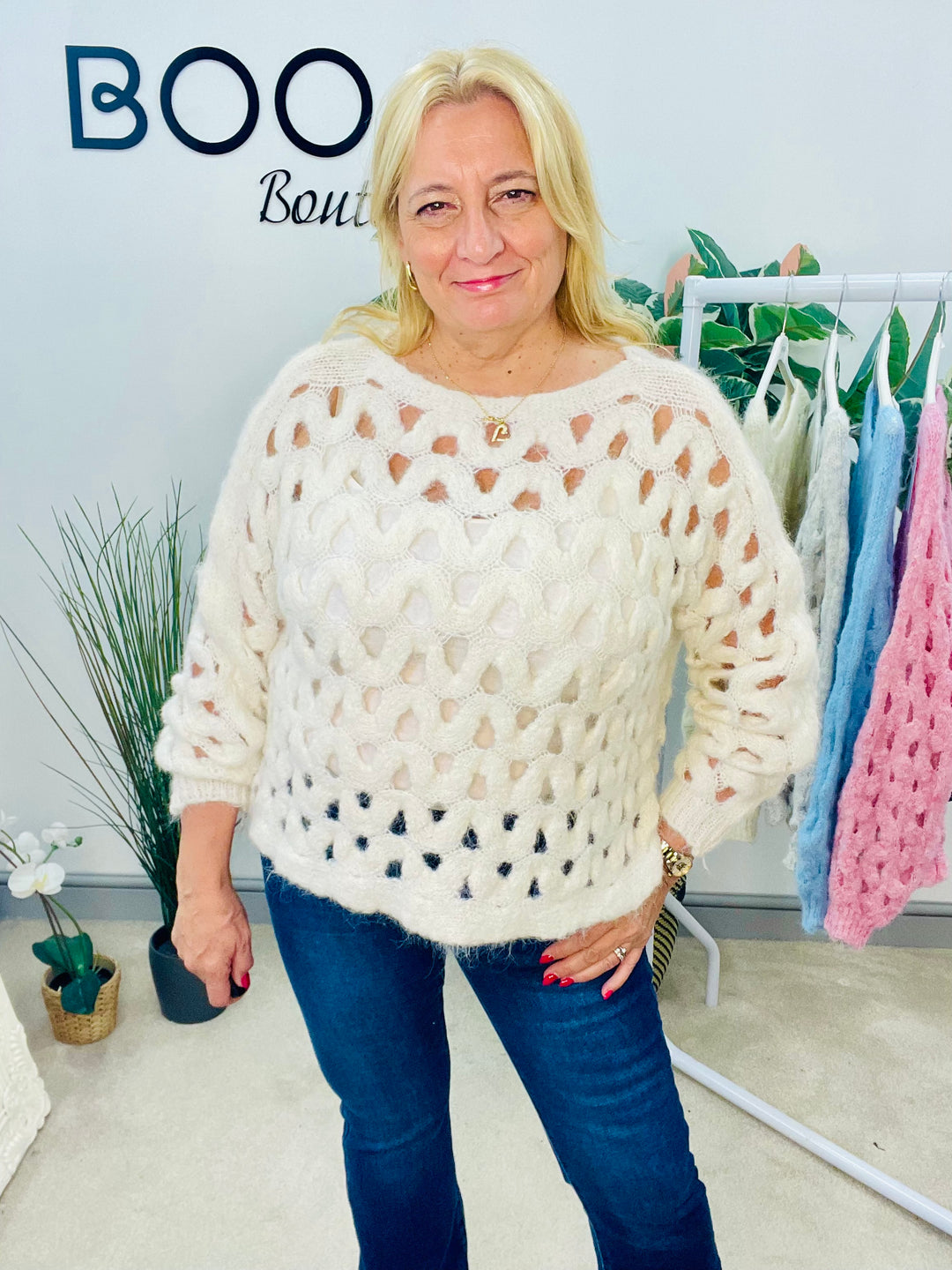 LADIES HOLEY BOX STYLE JUMPER - BLUE, BEIGE, CREAM, PINK & GREY