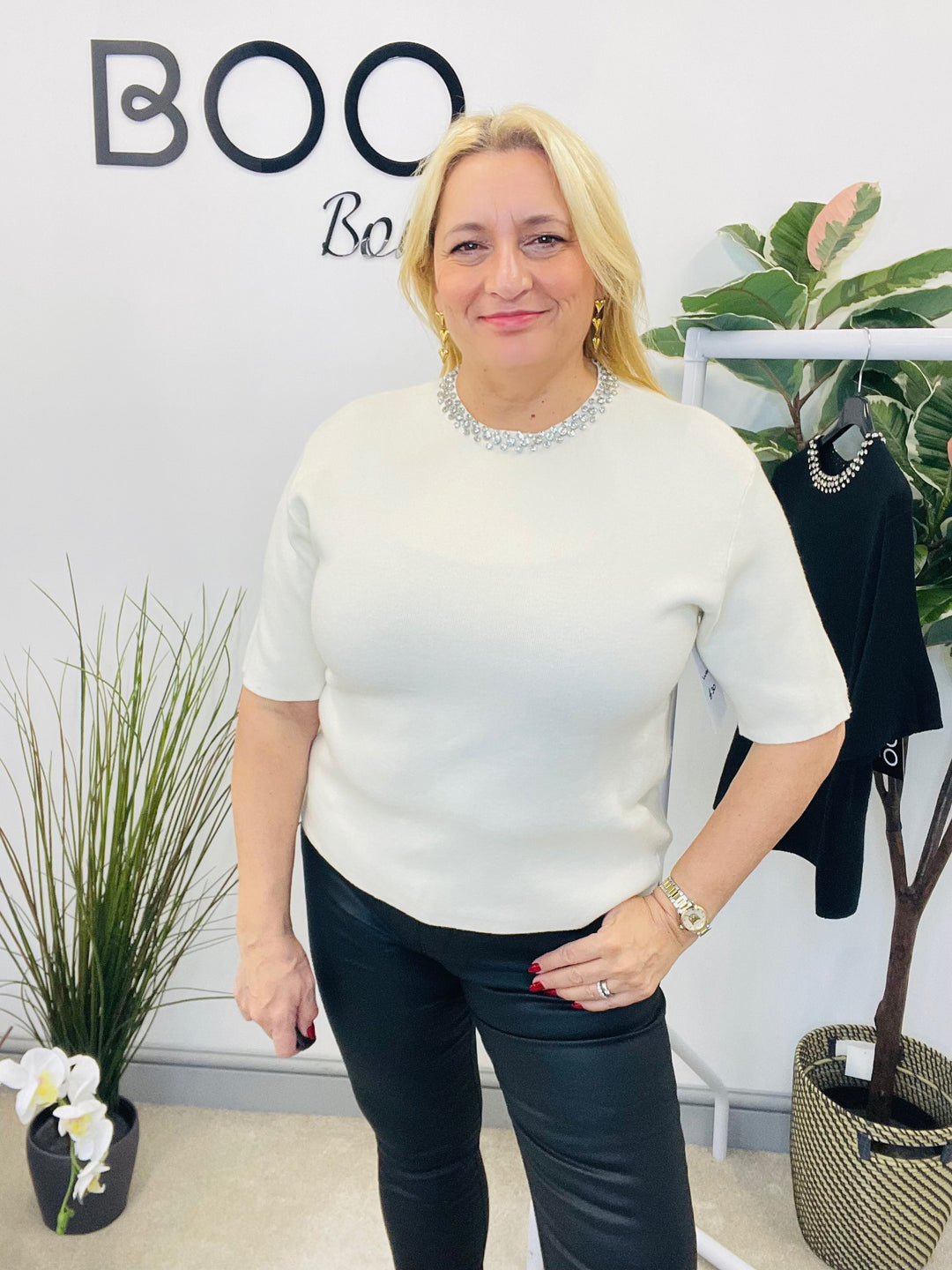 LADIES DIAMANTE NECK JUMPER - BLACK & CREAM