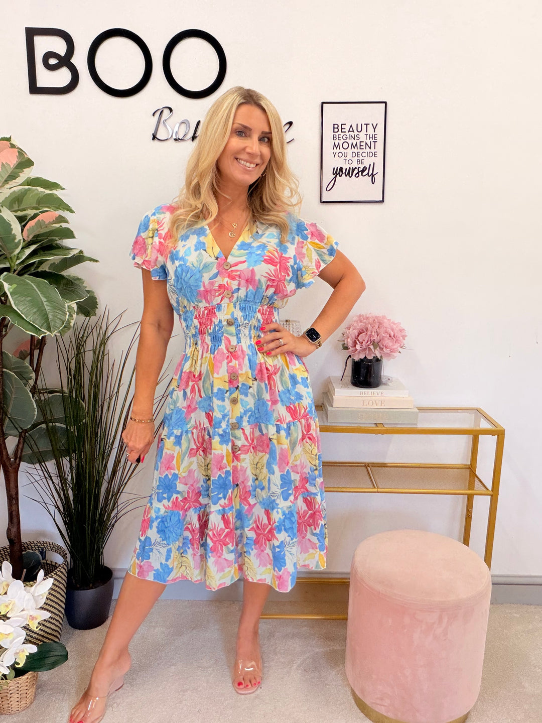 Ladies Floral Print Summer Magic Dress - Blue, Turquoise, Yellow & Green