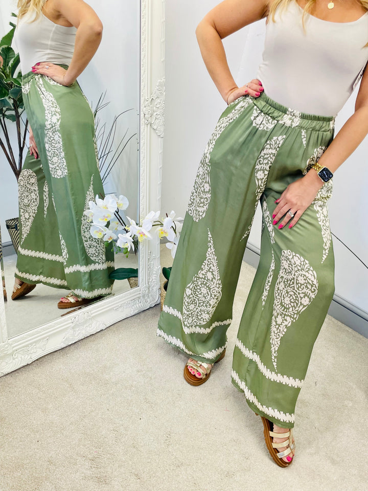 LADIES WOMENS SATIN PALAZZO PANTS TROUSERS - KHAKI & BROWN