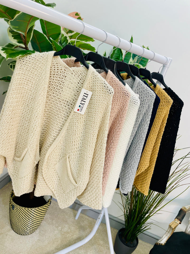 LADIES KNITTED BOLERO CARDIGAN - CREAM, PINK, NAVY, BLACK, OATMEAL, CAMEL, GREY
