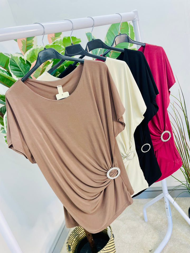 LADIES STRETCH RUCHE SIDE SHORT SLEEVE TOP - BURGUNDY, NAVY, BEIGE & BLACK