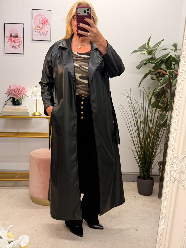 Womens fashion faux leather trench coat - plum, black & brown