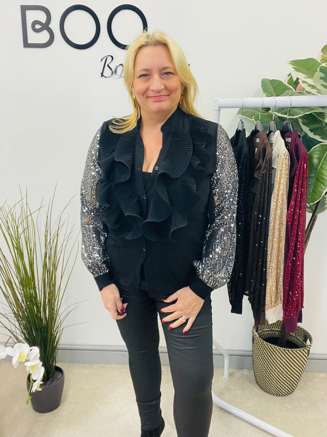 LADIES SEQUIN ARM FRILL BLOUSE - BLACK, SILVER, BERRY, BEIGE & BROWN