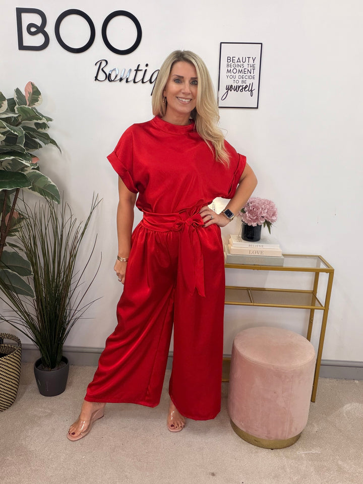 Womens Satin Trouser Suit Co Ord - Black, Red, Mink, Mustard, Brown