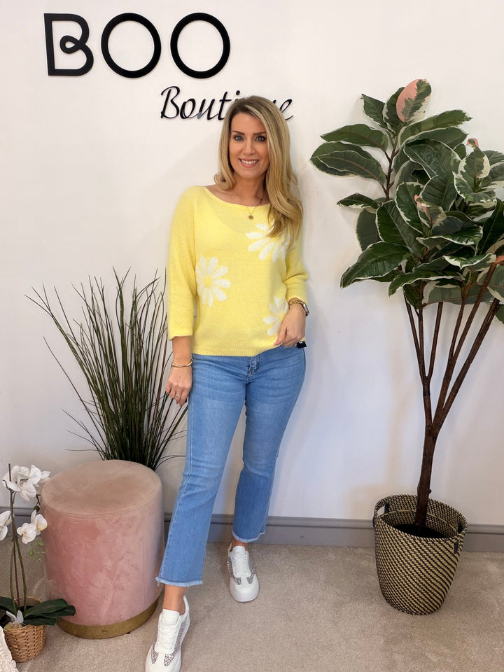 Ladies Fashion Daisy Short Sleeve Jumper - lemon, blue, white & pink