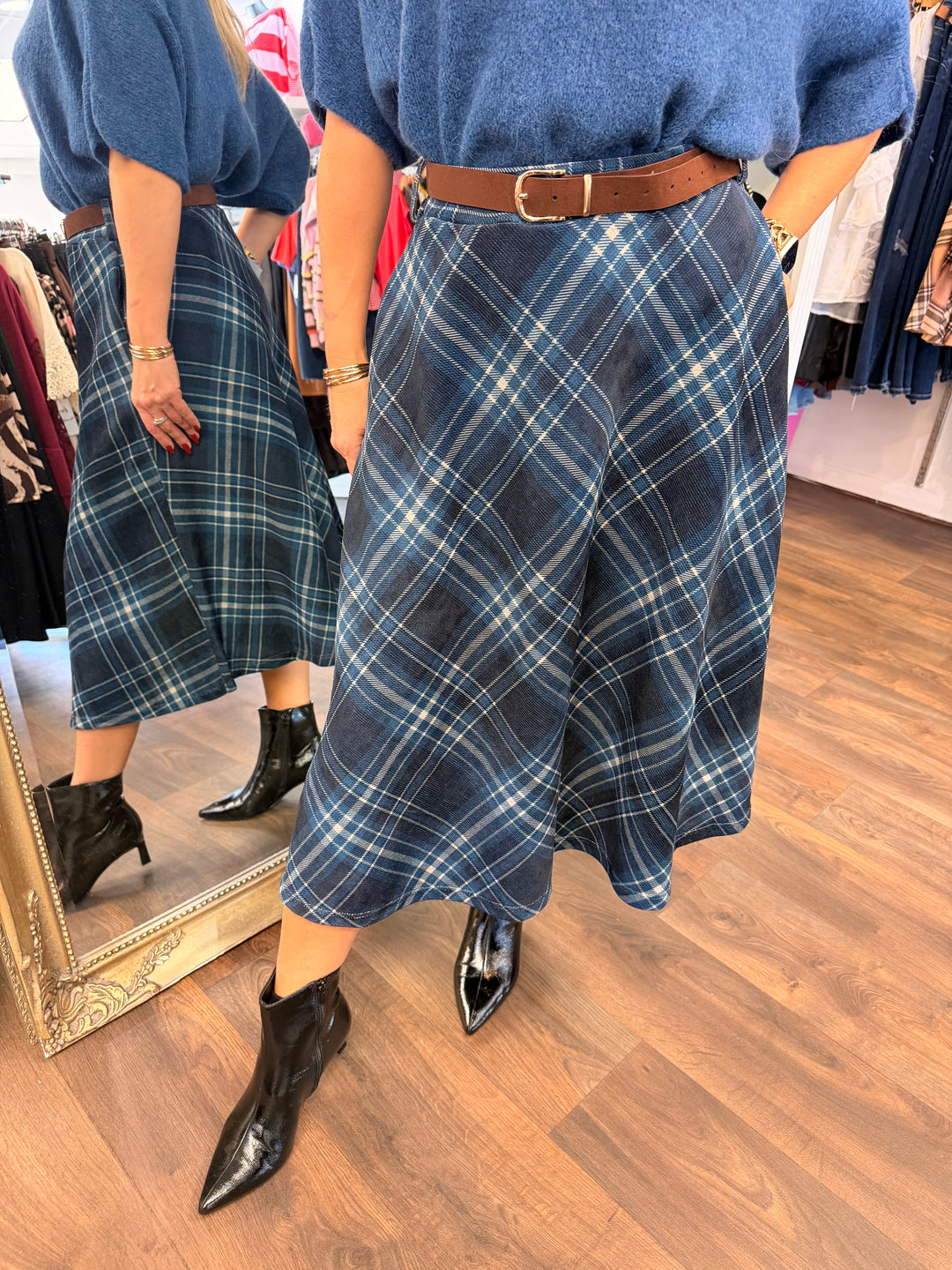 Womens tartan A line midi skirt - Wine, Blue & Khaki