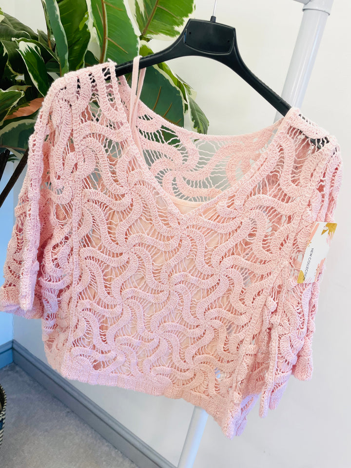 LADIES WOMENS CROCHET TOP - PINK, WHITE, BLACK, MINT, BLUE, YELLOW & MINT