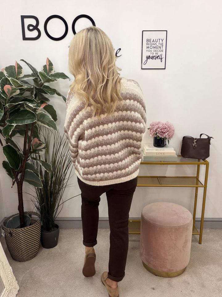 Ladies Fashion Knitted Stripe Cardigan - Beige & Mocha