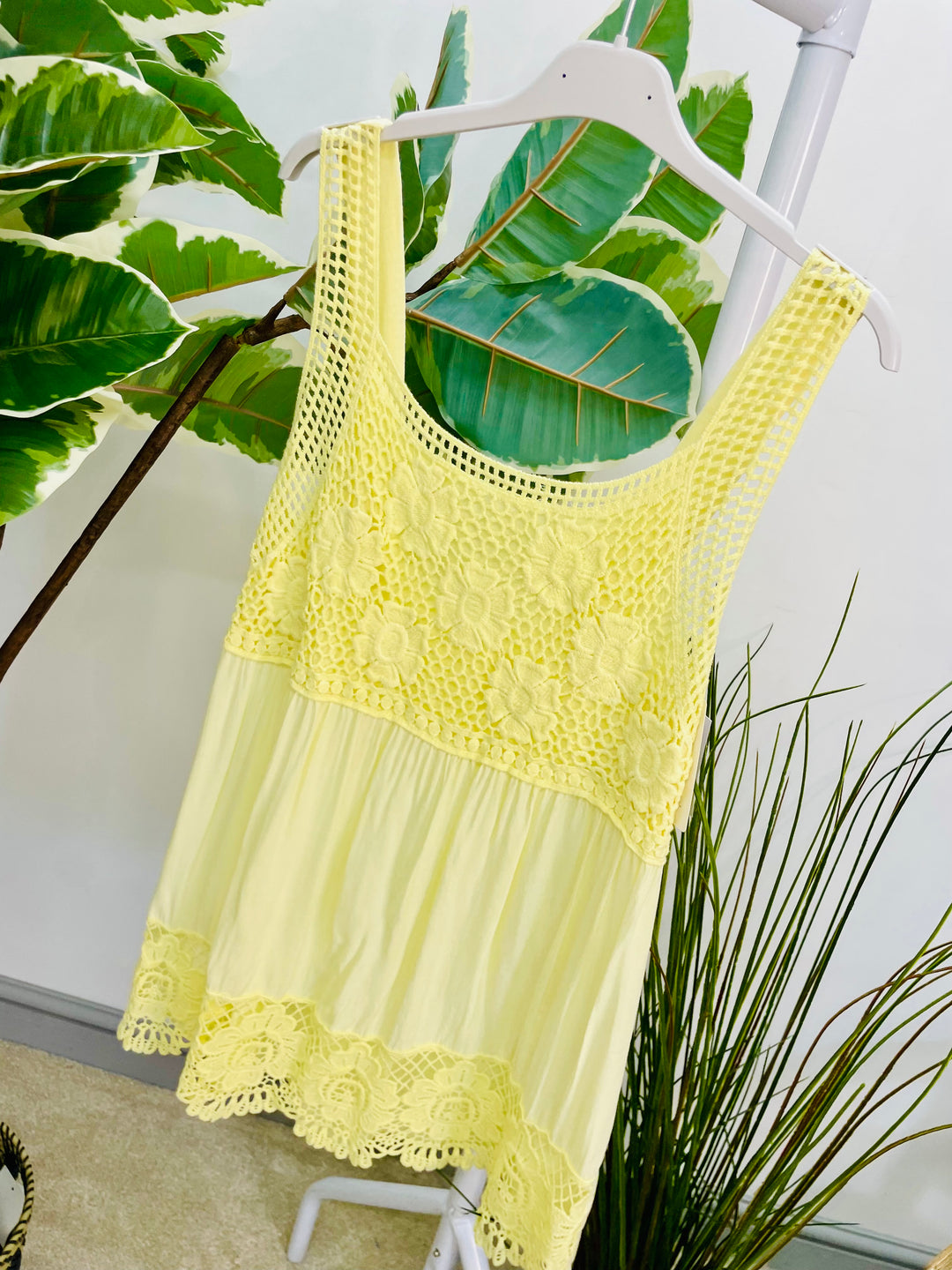 LADIES CROCHET & LACE SUMMER CAMI TOP - WHITE, LEMON, BLUE, PINK, KHAKI, BLACK