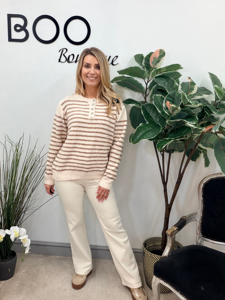 LADIES SOFT KNIT STRIPE GRANDAD JUMPER - LEMON, PINK, BLUE & BEIGE