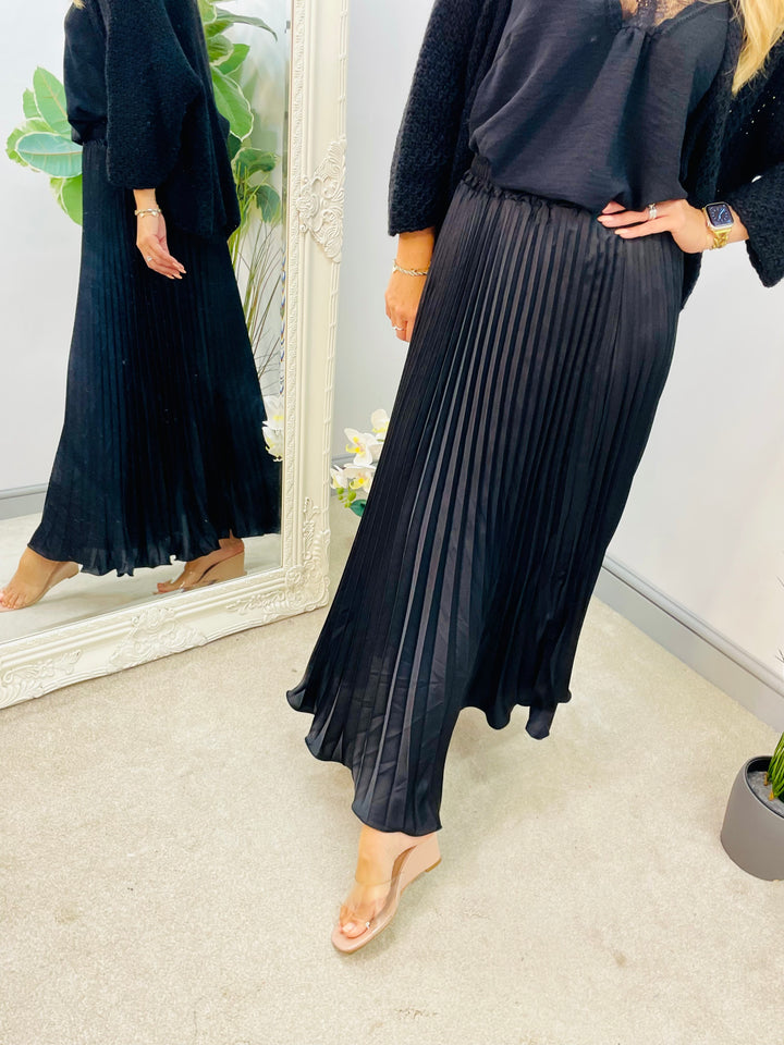 LADIES SATIN PLEATED MAXI SKIRT - BLACK, BURGUNDY, BROWN & CHAMPAGNE