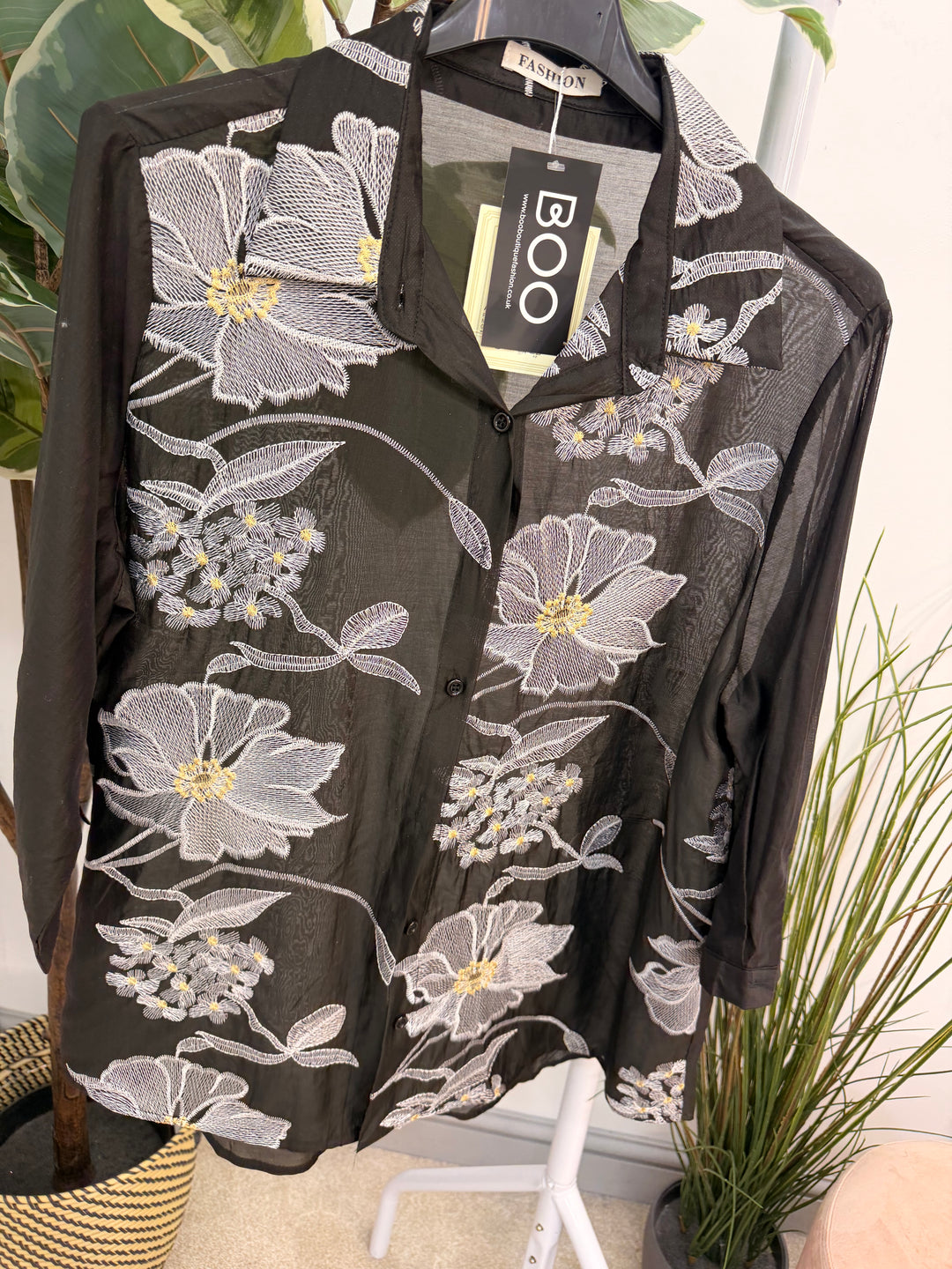Ladies Sheer Embroidered Blouse - Black & White