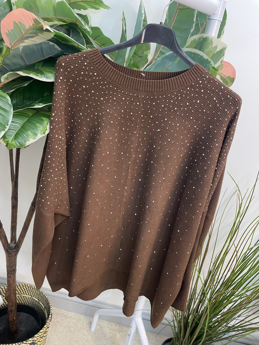 LADIES LOOSE FIT DIAMANTE OVERSIZE JUMPER - BLACK, GREY, NAVY, BROWN