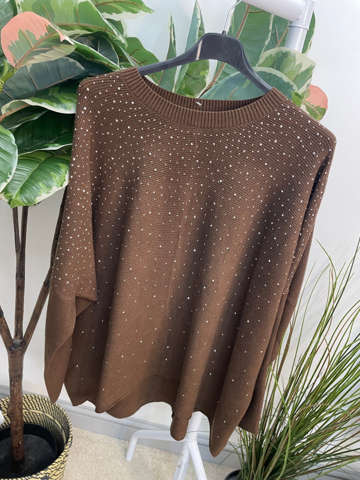 LADIES LOOSE FIT DIAMANTE OVERSIZE JUMPER - BLACK, GREY, NAVY, BROWN