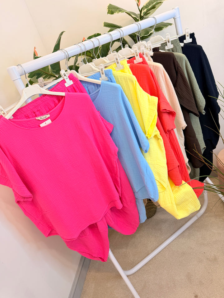 Ladies Cheesecloth Harem Trouser Co Ord - Black, Lemon, Coral, Pink, Blue, Khaki, Beige & Brown