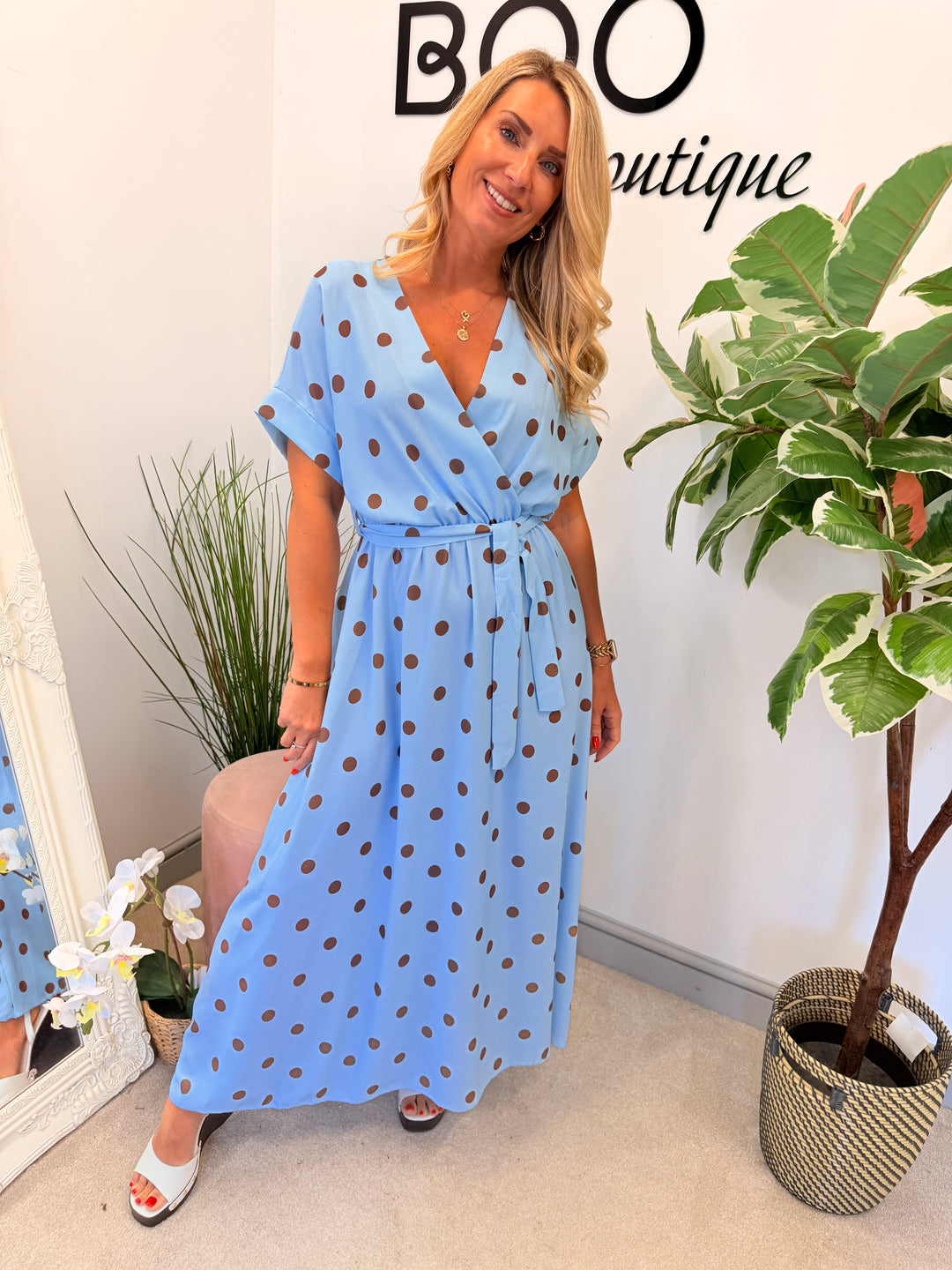 Ladies Polka Dot Wrap Midi Dress - Navy, Cream, Pink, Lemon & Pale Blue