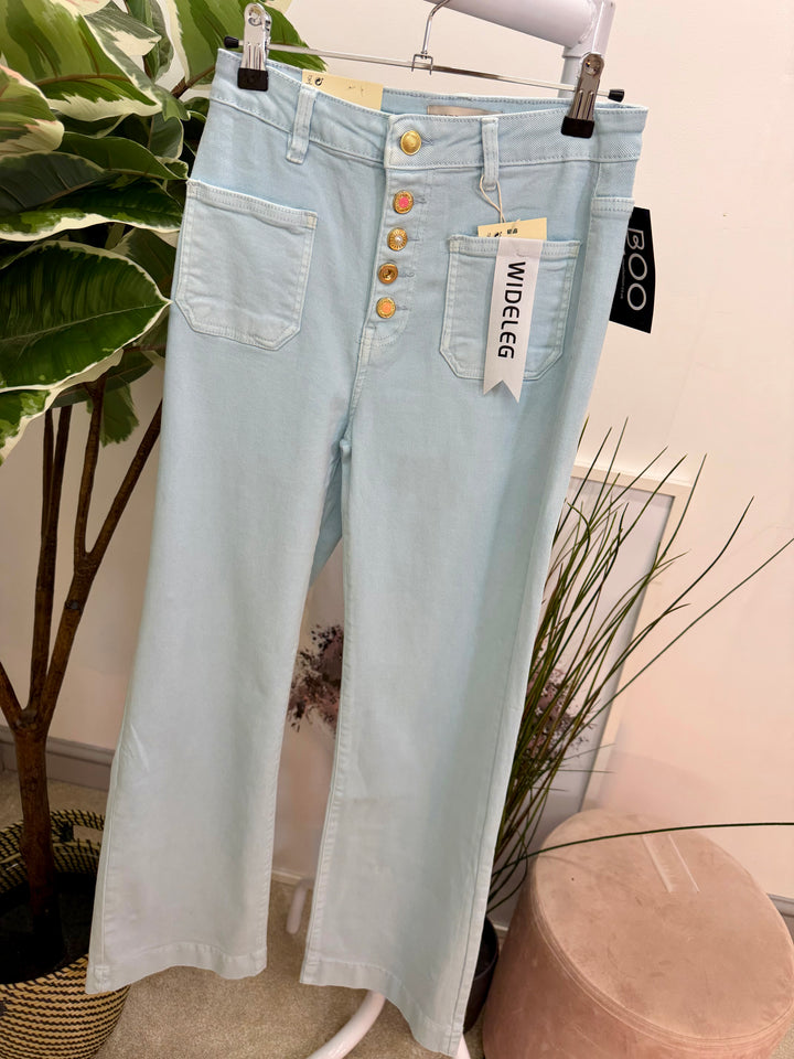 LADIES FASHION PALE BABY BLUE HIGH WAIST WIDE LEG JEANS