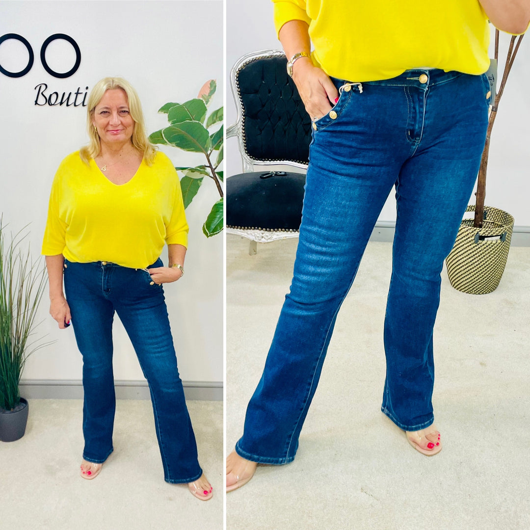 LADIES DARK BLUE DENIM KICK FLARE JEANS