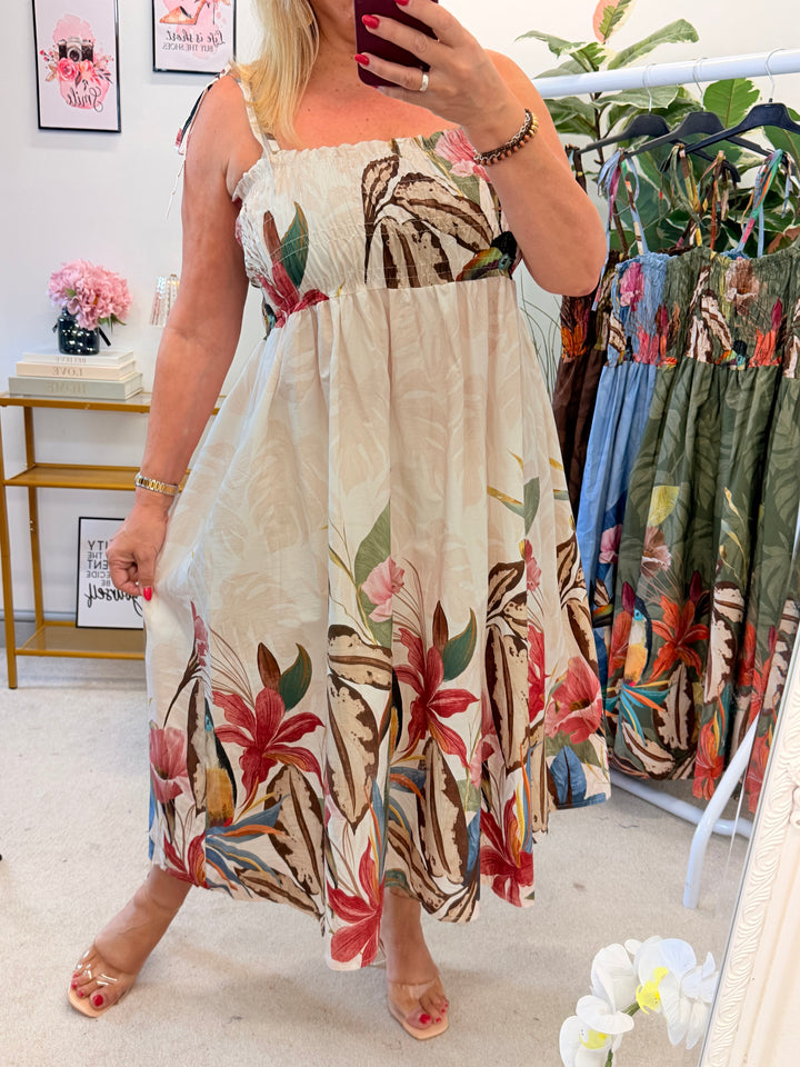 Ladies Flower Print Summer Cami Dress - Cream, Blue, Khaki & Brown
