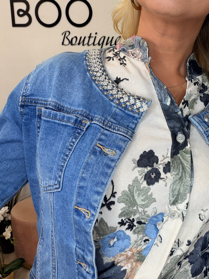 Ladies Fashion Blue Denim Diamante Collar Bomber Jacket