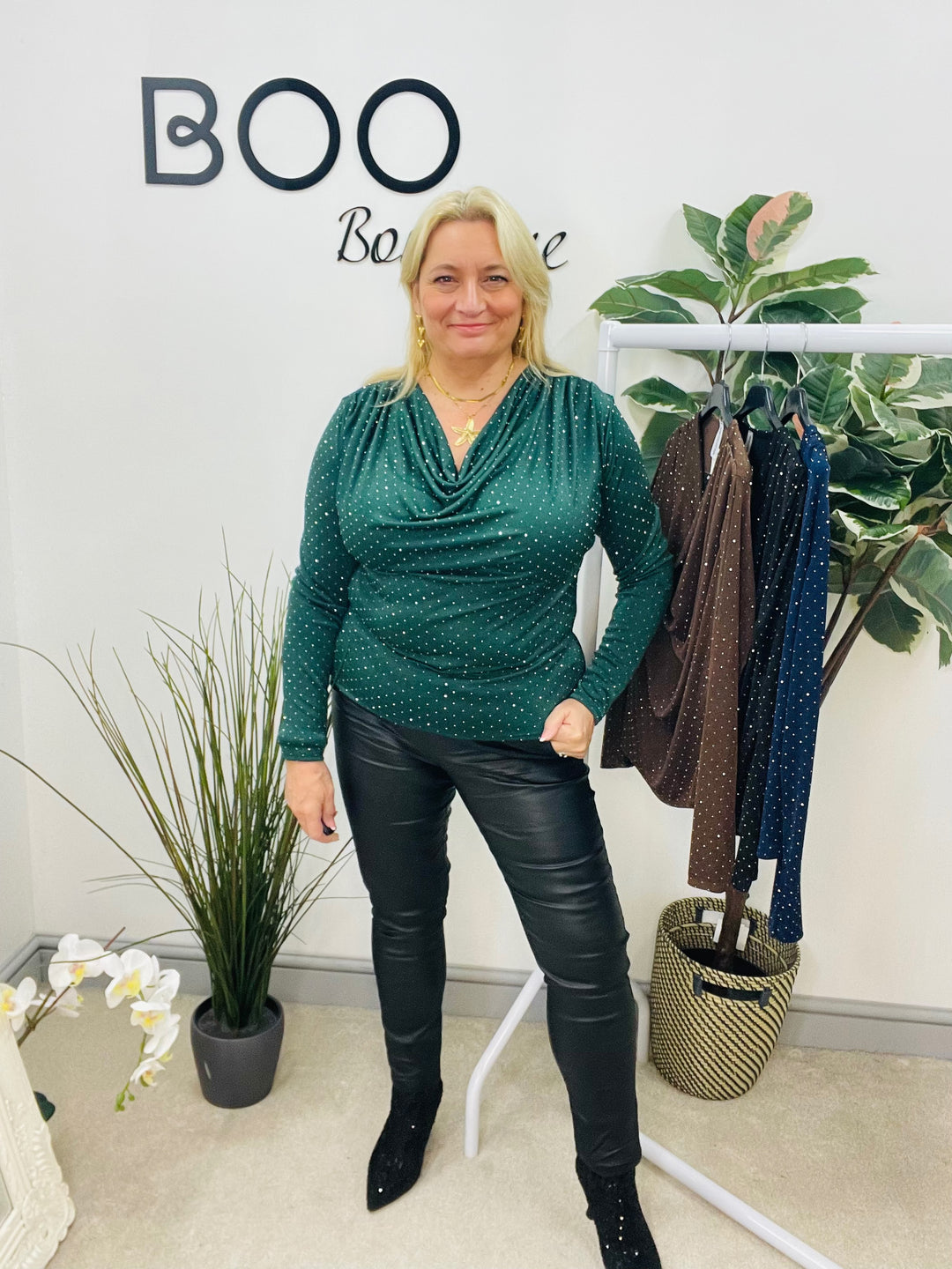 LADIES SPARKLY FESTIVE COWL NECK TOP - GREEN, NAVY, BLACK, BROWN