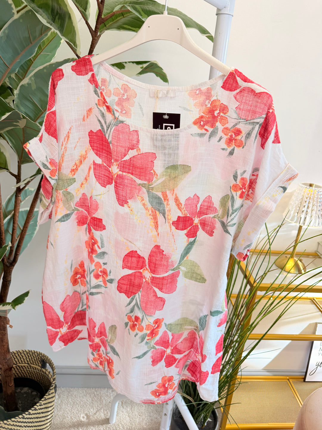 Ladies Flower Print Linen Casual Top - White, Pink, Lilac & Coral