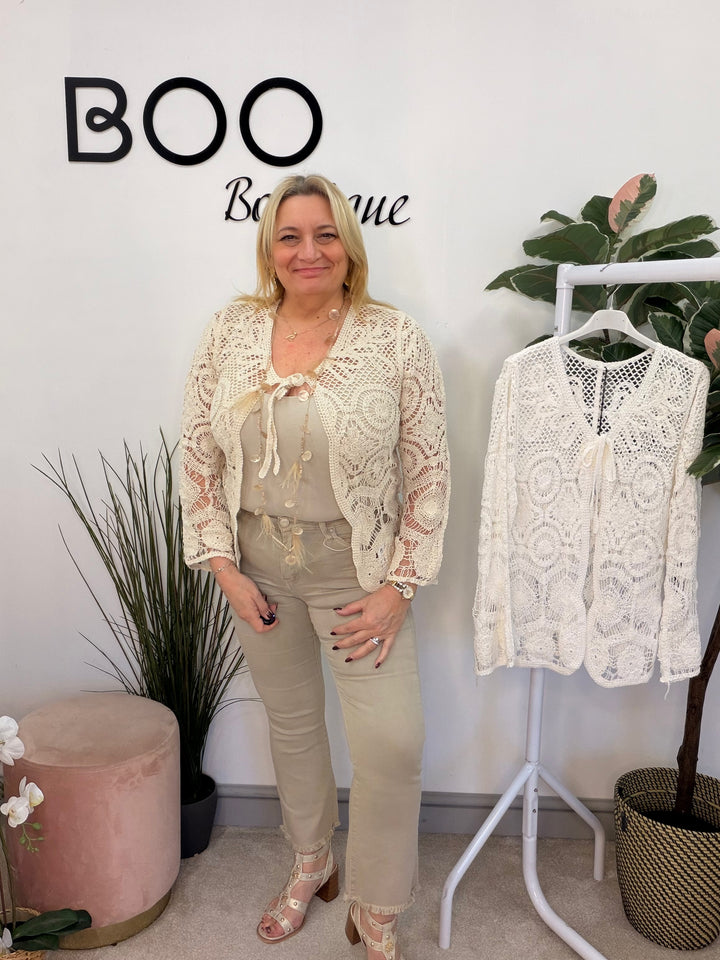 Ladies Fashion Boho Crochet Shrug Cardigan - beige and white