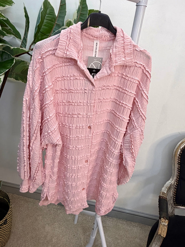 LADIES FRILL SHIRT BLOUSE - WHITE, BEIGE, PINK, LEMON, BLUE & BLACK