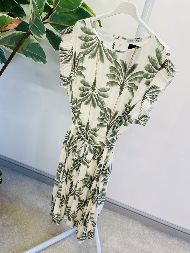 LADIES WOMENS TROPICAL PRINT PLEATED SUMMER MIDI DRESS - BLACK, KHAKI, BLUE, BEIGE & NAVY