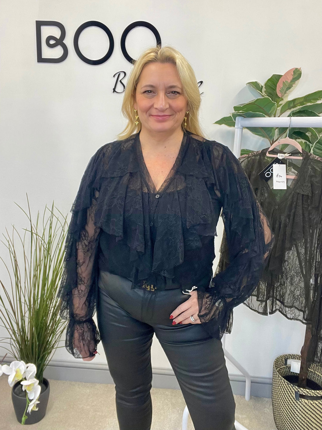 LADIES SHEER NET FRILL BLOUSE SHIRT - BLACK & BROWN