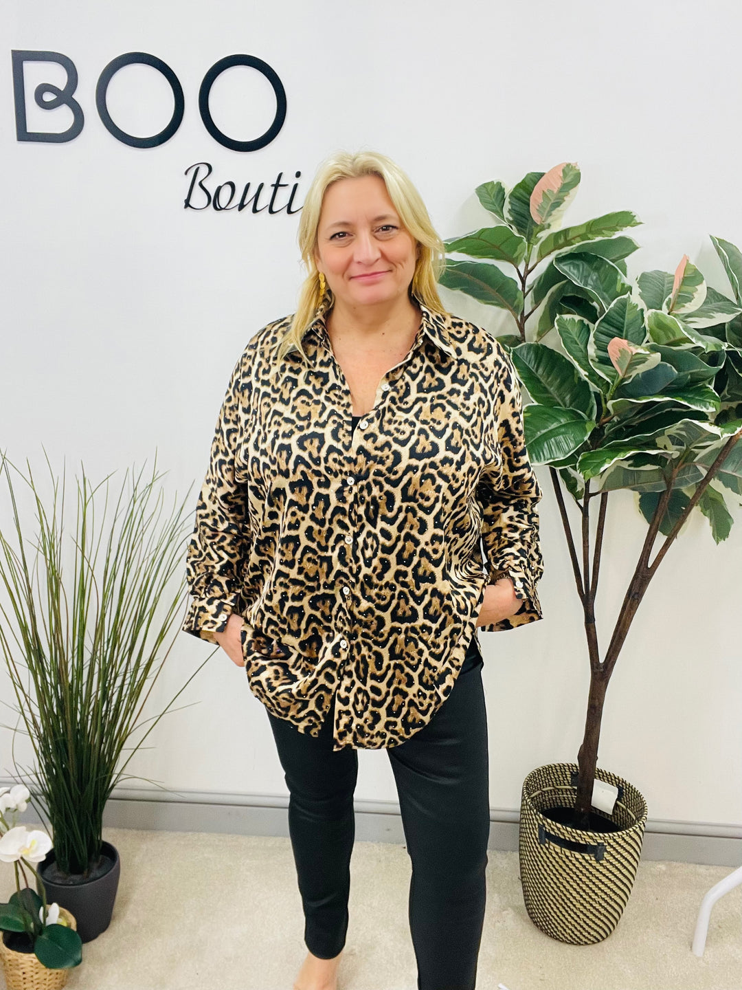 LADIES SPARKLY LEOPARD ANIMAL PRINT SHIRT BLOUSE