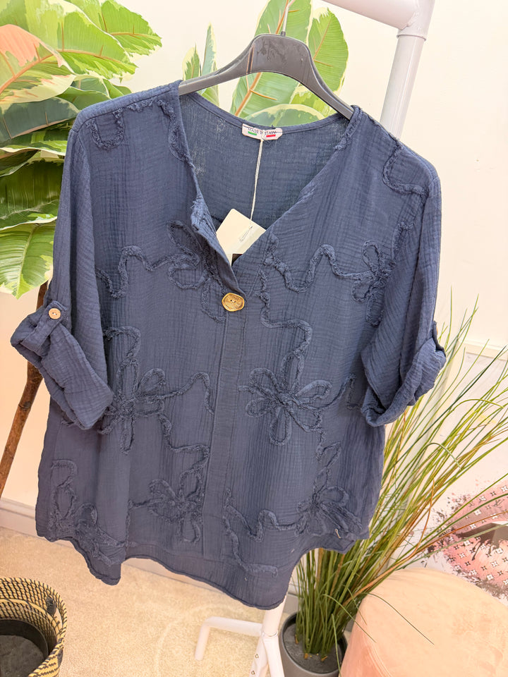 Ladies Fashion Cheesecloth Grandad Top - lemon, white, pink, navy